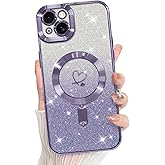 Bonoma Compatible with iPhone 13 Case Support for MagSafe, Plating Heart Glitter Magnetic 2* Screen Protector TPU Camera Protection Back Cover for Girls Women -Purple