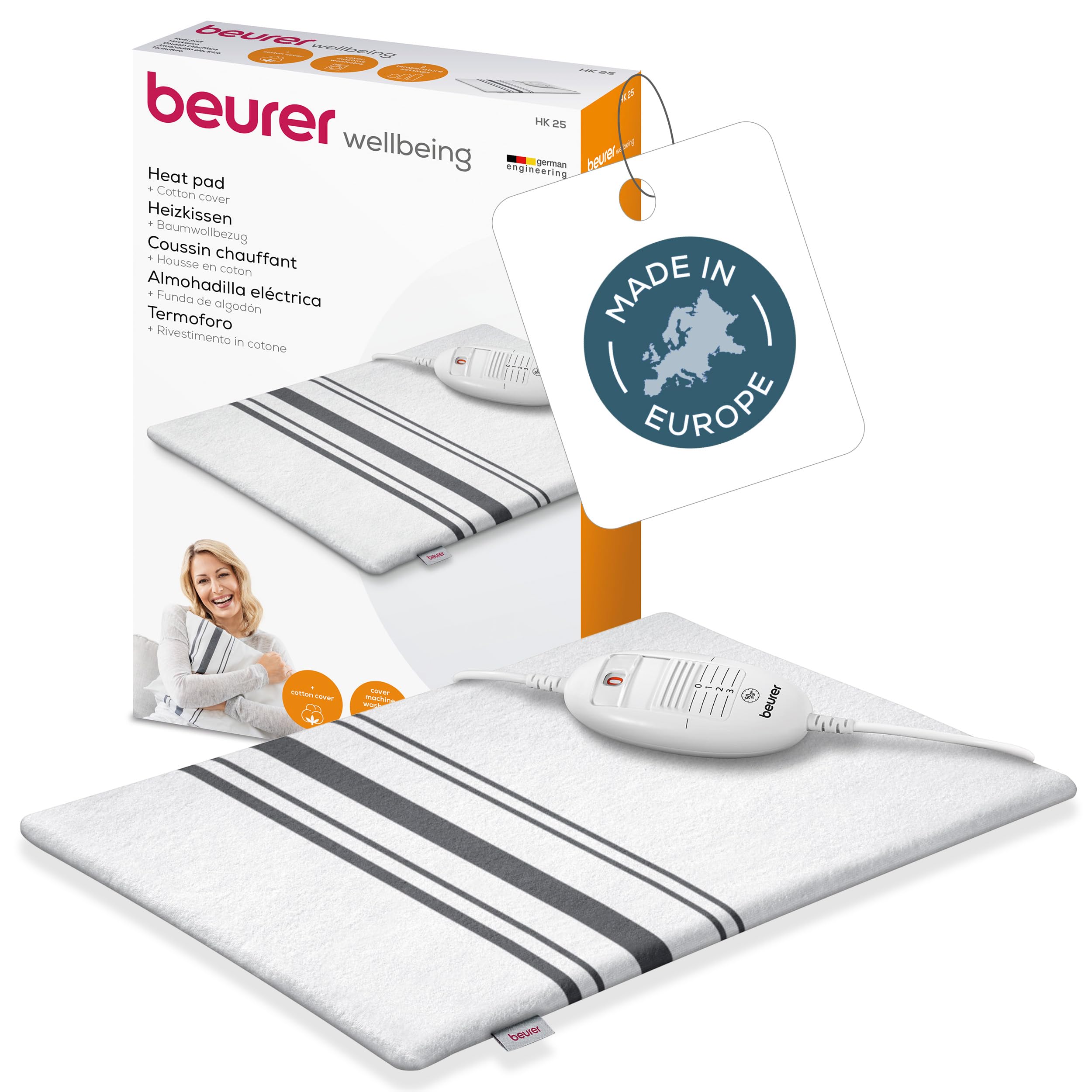 Beurer HK25UK Heat Pad | Electric heat pad for cosy warmth | 3 electronically regulated temperature settings | Machine-washable cotton cover | Automatic switch-off
