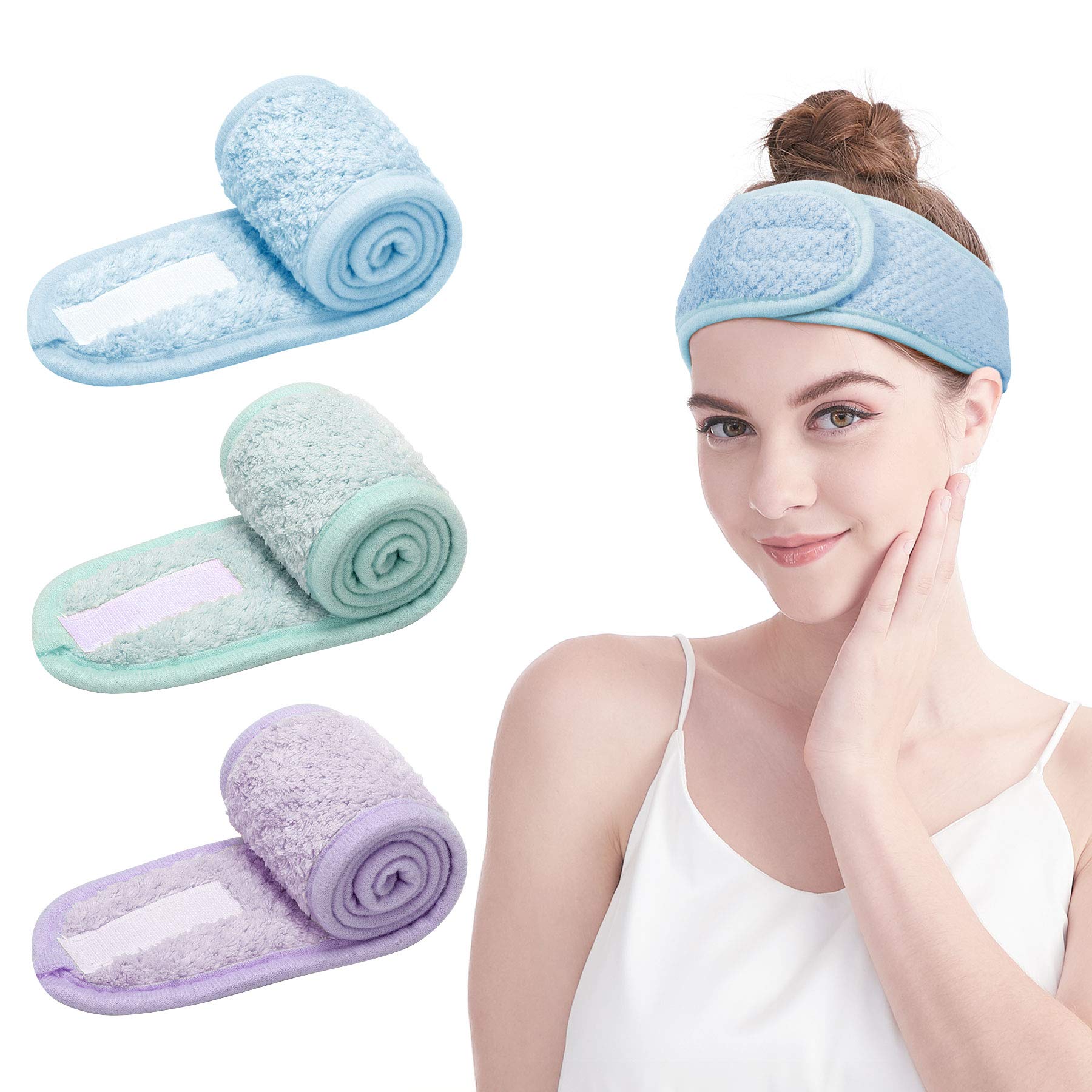 Spa Headband - 3 Pcs Facial Makeup Headband Adjustable Stretchable With Magic Tape For Shower Bath Sport