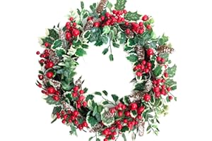 Floribus 18 Inch Holly Berry Pine Cones Wreath Christmas Wreath for Front Door, Evergreen Winter Holiday Wreath, Green Holly Front Door Wreath