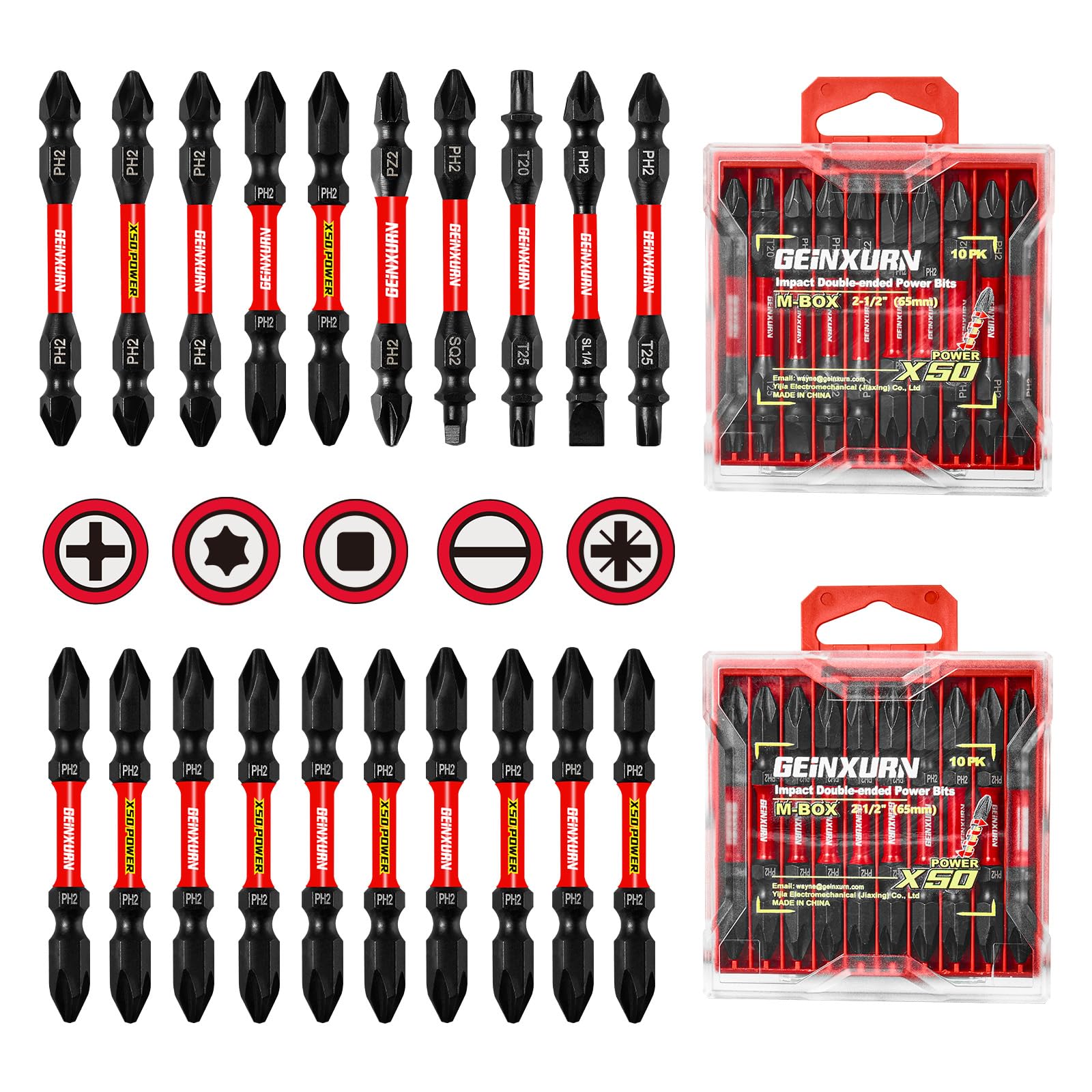 Photo 1 of Geinxurn 20Pcs Impact Double End Screwdriver Bit Set, 2.56 in. Mixed Reversible Power Driver Bits, Magnetic S2 Steel Two Sides PH2/T20/T25/SQ2/SL1/4 Screwdriver Bit Tips Set with Storage M-Box