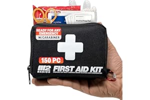 M2 BASICS Premium 150 Piece Mini First Aid Kit – First Aid Kit for Car, Vehicle, Backpack, Travel, Camping, Hiking, Outdoors, Home - Compact Emergency Medical Supplies