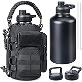 RXW 64 oz Insulated Water Bottle with Sleeve, Half Gallon Stainless Steel Tactical Water Jug Large Military Water Bottle with 3-IN-1 Pouch/3 Lids/Straw/Paracord Handle for Gym, Camping, Workout