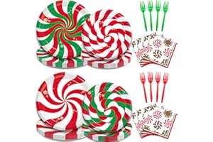 KEPEEL 96Pcs Christmas Peppermint Candy Party Plates and Napkins, Winter Holiday Christmas Party Decorations Supplies Red Green Sweets Birthday Baby Shower Party Disposable Dinnerware Set, Serves 24