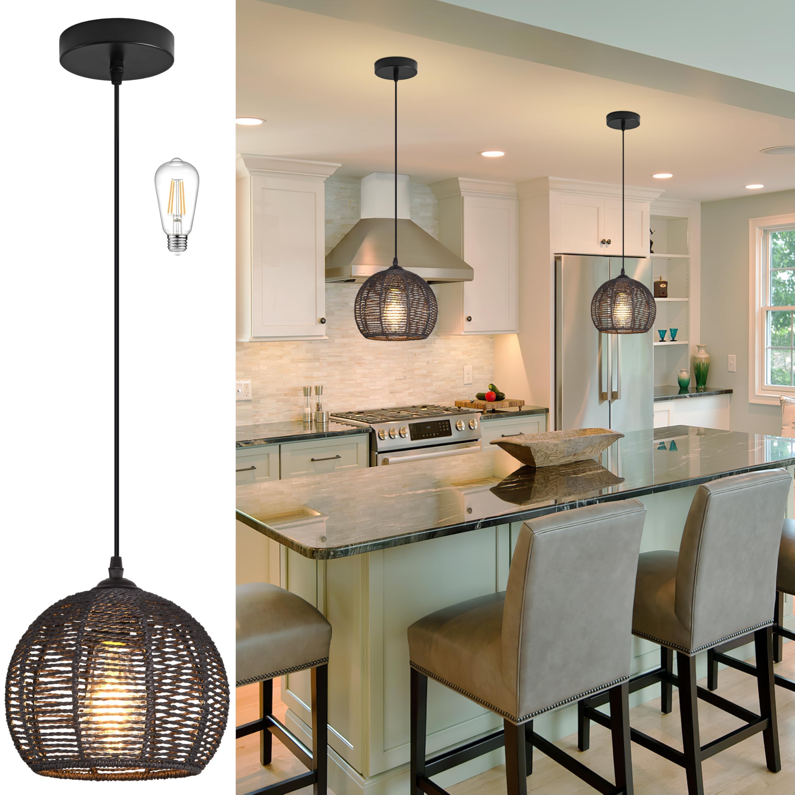 Photo 1 of Ayshwill Dec Black Woven Boho Chandelier Wicker Rattan Dome Pendant Light Fixture for Dining Room Bedroom Kitchen Island (Bulb Included)