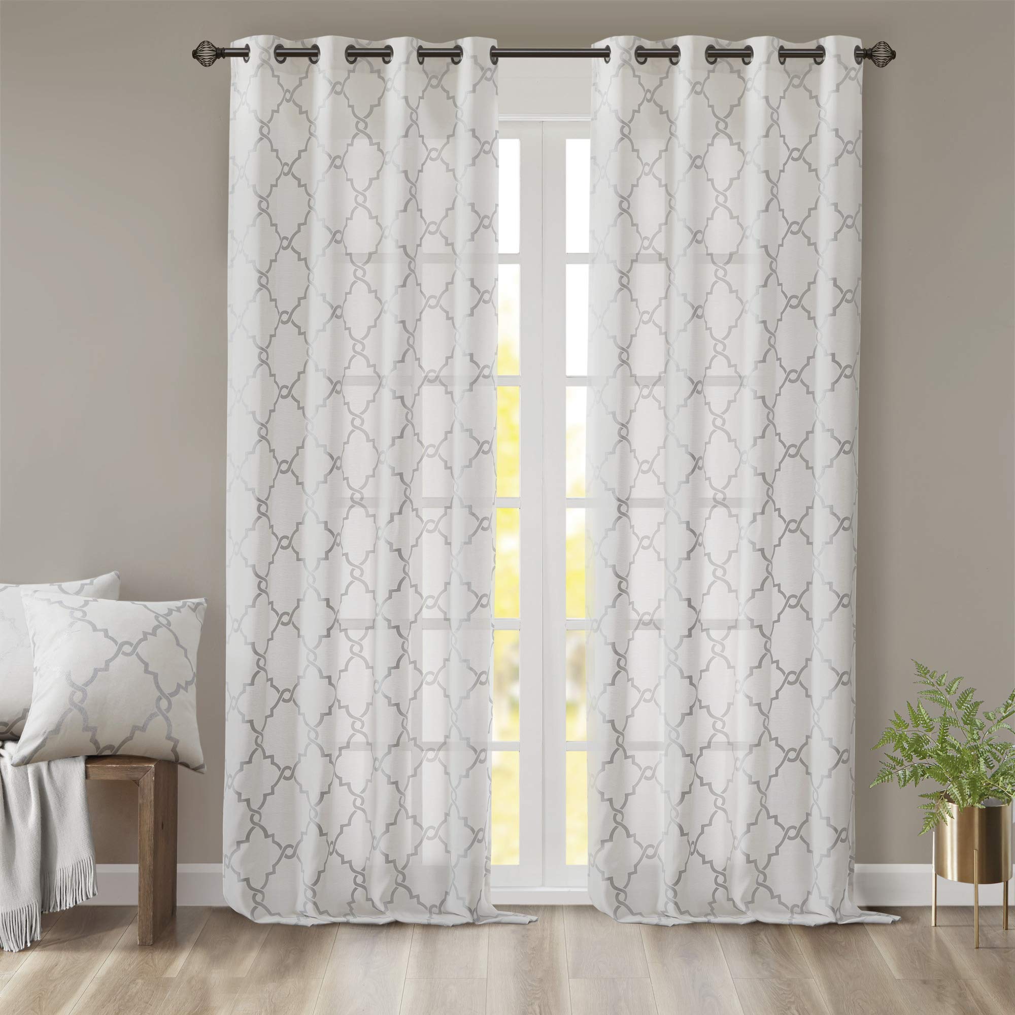 Madison Park Single Window Curtain Light Filtering Fretwork Print 1 Panel Grommet Top Drape/Valance for Living Room Bedroom and Dorm, Polyester Blend, Ivory, 95" x 50"