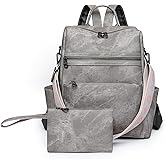 ROOSALANCE Backpack Purse for Women, PU Leather Backpack Purse, Waterproof Anti-Theft Women Back pack, Fashion Multi-Pocket Travel Backpack Shoulder Bag Handbag With Clutch, Grey