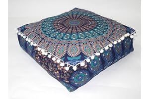 CRAFT KALA Blue Peacock Large Hippie Mandala Meditation Floor Ottoman Pillow Cushion Pouf Cover Square Poufs Bohemian Circle Floor Cushion Case Outdoor Fireplace Living Room Decor Cover 24" Square