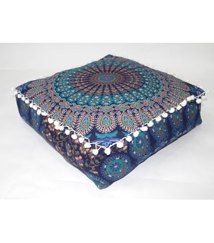 Mandala Barmeri Bodenkissenbezug, Quadratisch (61 Cm) - Baumwolle, Handgewaschen, Mit Pompons - Bohemian Dekoration