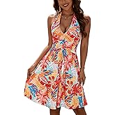 ZABERRY Women Summer Sundresses Halter Neck Deep V Tie Backless Floral Ruched Vacation Beach Dresses 2025 with Pockets