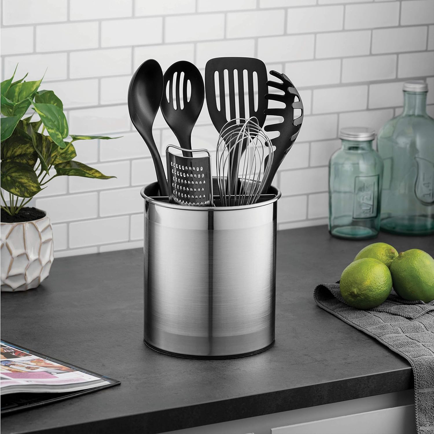 Extra-Large Stainless Steel Kitchen Utensil Holder - 360° Rotating Utensil Caddy - Weighted Base for Stability - Utensil Crock With Removable Divider for Easy Cleaning - Countertop Utensil Organizer.: Kitchen & Dining