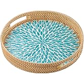 Daslich 13.8 in Round Rattan Serving Tray with Handle, Mother of Pearl Inlay Wooden Base, Decorative Wicker for Table, Kitchen Island & Home Decor (Blue Leaf)