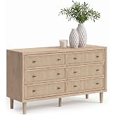 Signature Design by Ashley 6 Drawer Bedroom Dresser, Light Oak, Cielden | Textured beige faux cane fronts, Bronze knobs, Quick assembly, Contemporary coastal bedroom decor