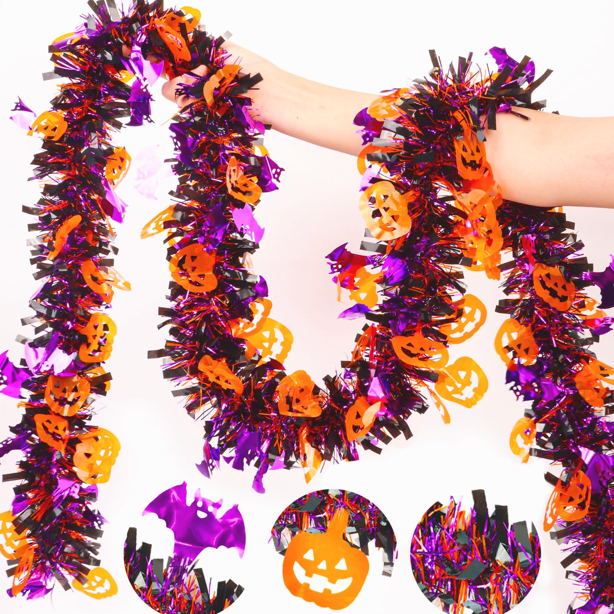 Photo 1 of 33FT Halloween Tinsel Garland with Orange Pumpkin Purple Bat Ornament, Shiny Metallic Twist Garland Outdoor Indoor Halloween Decorations for Home Table Office Classroom Fireplace Party Decor