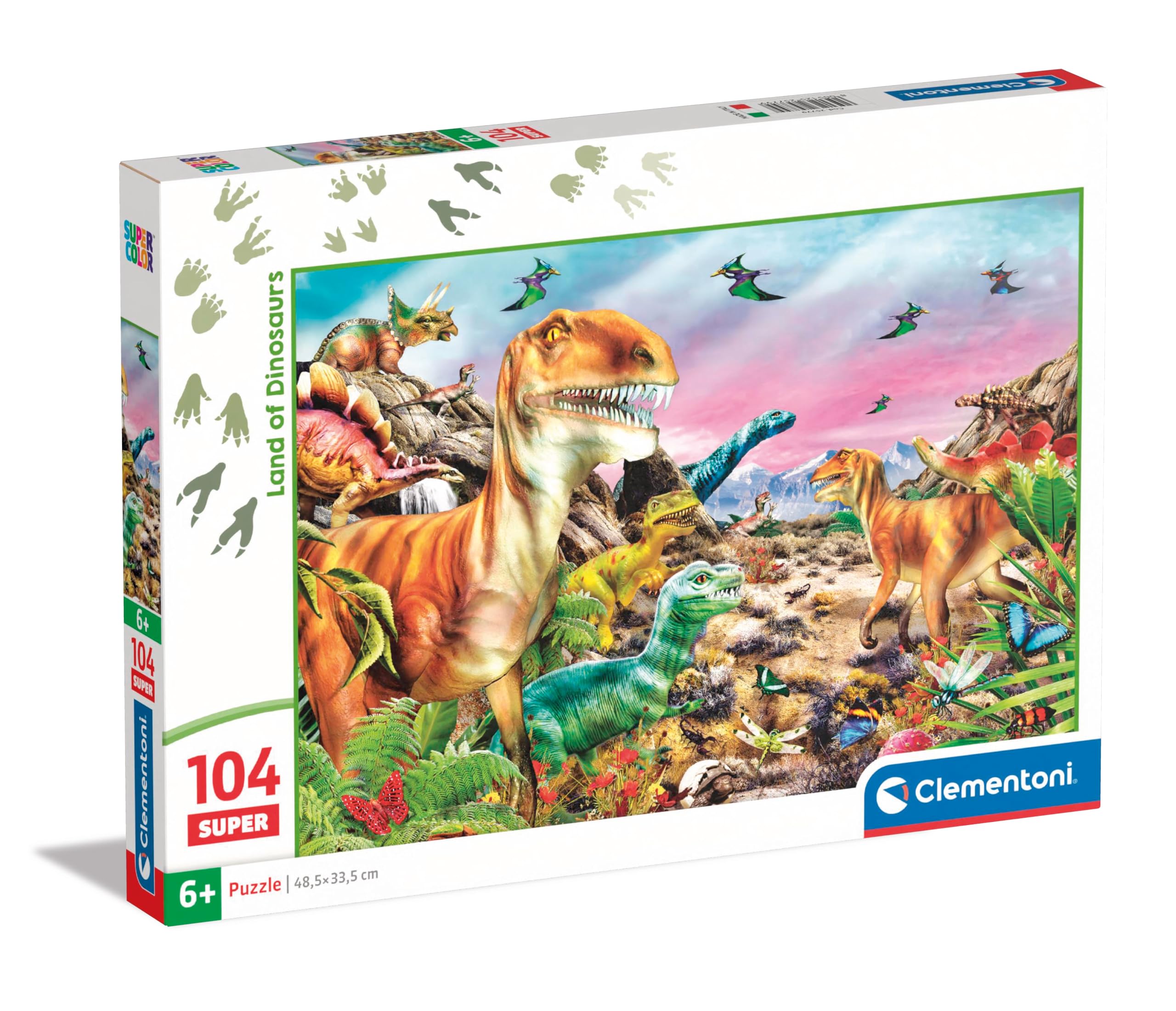 Clementoni 25779 Jigsaw Land of Dinosaurs 104 Pieces-Supercolor Children 6-8 Years, Cartoon, Gift for Boy/Girls, Puzzle for Kids, Made in Italy, Multicolor
