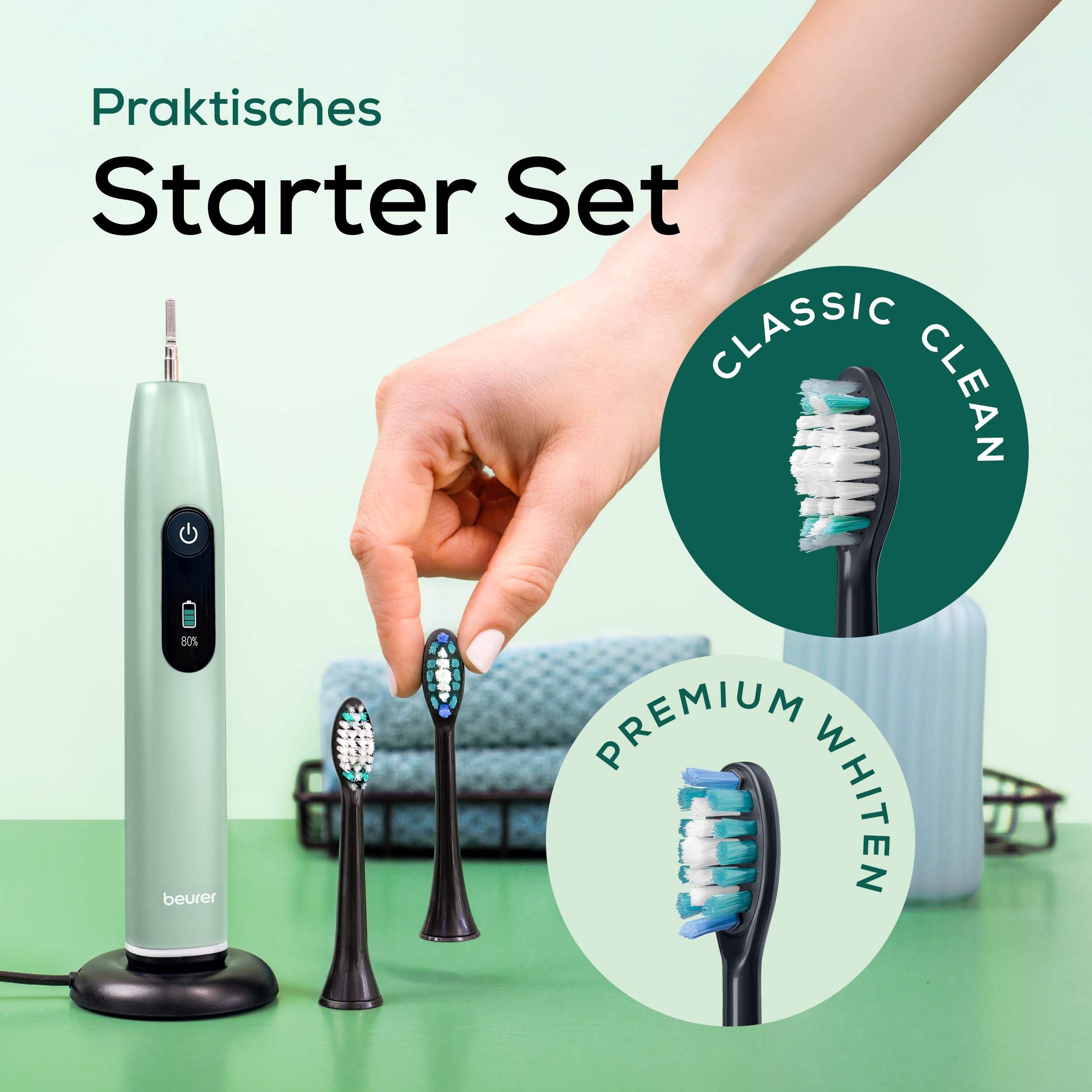 Beurer SC 50 Schallzahnbürste, elektrische Zahnbürste mit 5 Putzmodi & Andrucksensor, 80.000 Schwingungen, Display mit Putzdauer-Anzeige, inkl. 2 Aufsteckbürsten, 100% recyceltes Gehäuse (Peppermint) 6