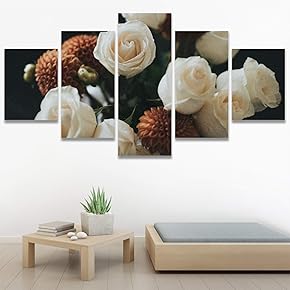 SIGNWIN 5 Panel Canvas Wall Art White Floral...
