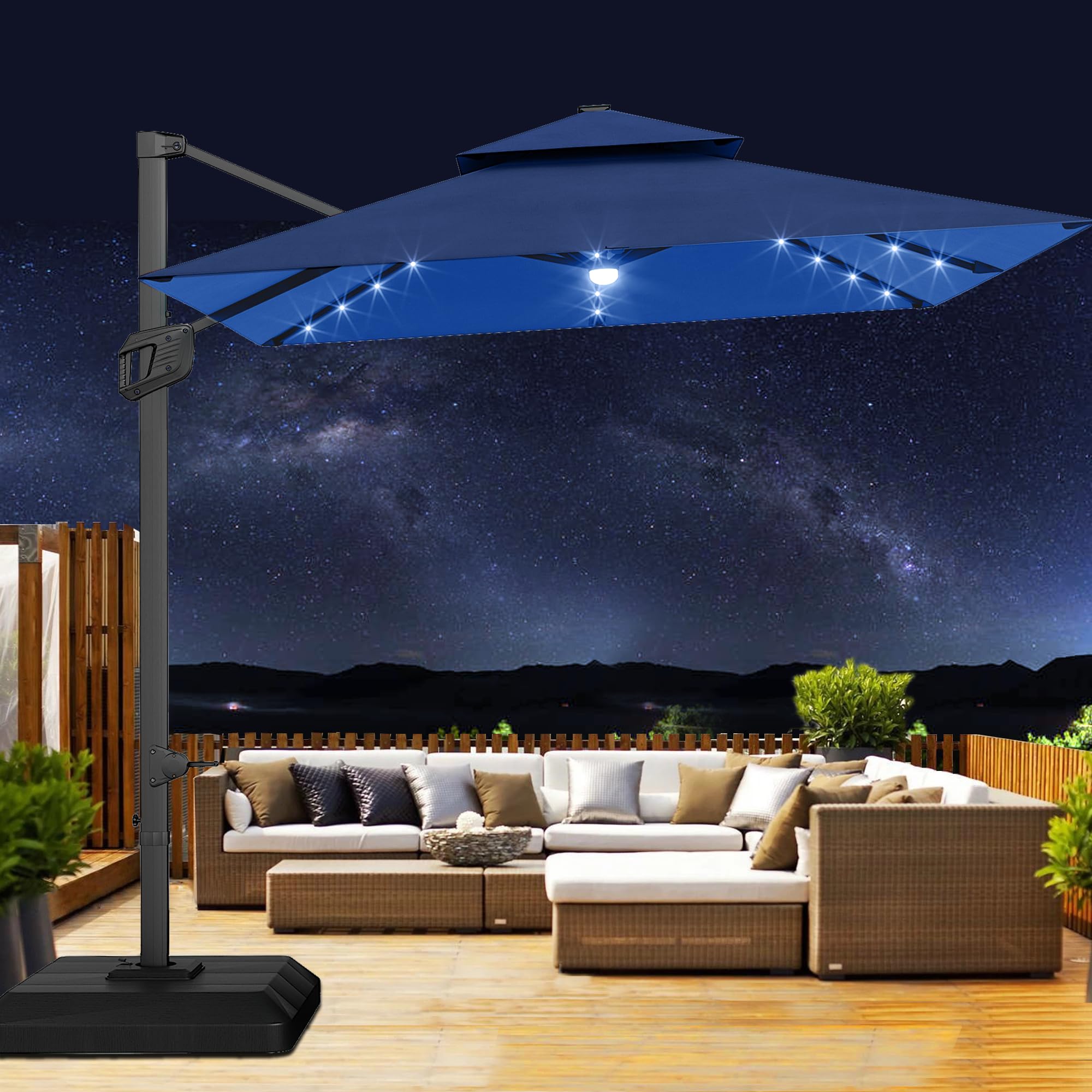 Photo 1 of GarveeLife 10' x 10' Heavy Duty Cantilever Patio Umbrella with Solar LED Lights & Weighted Base, 2-Tier Square Aluminum Offset Umbrella with 360-Degree Rotation for Backyard, Deck, Pool, Navy Blue