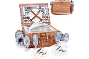 WILLOW WEAVE Picnic Basket for 4, Insulated Willow Picnic Baskets with Shoulder Strap, Picnic Hamper with Waterproof Picnic Blanket, Handmade Wicker Hamper for Outdoor, Great Gifts for Thanksgiving, Christmas