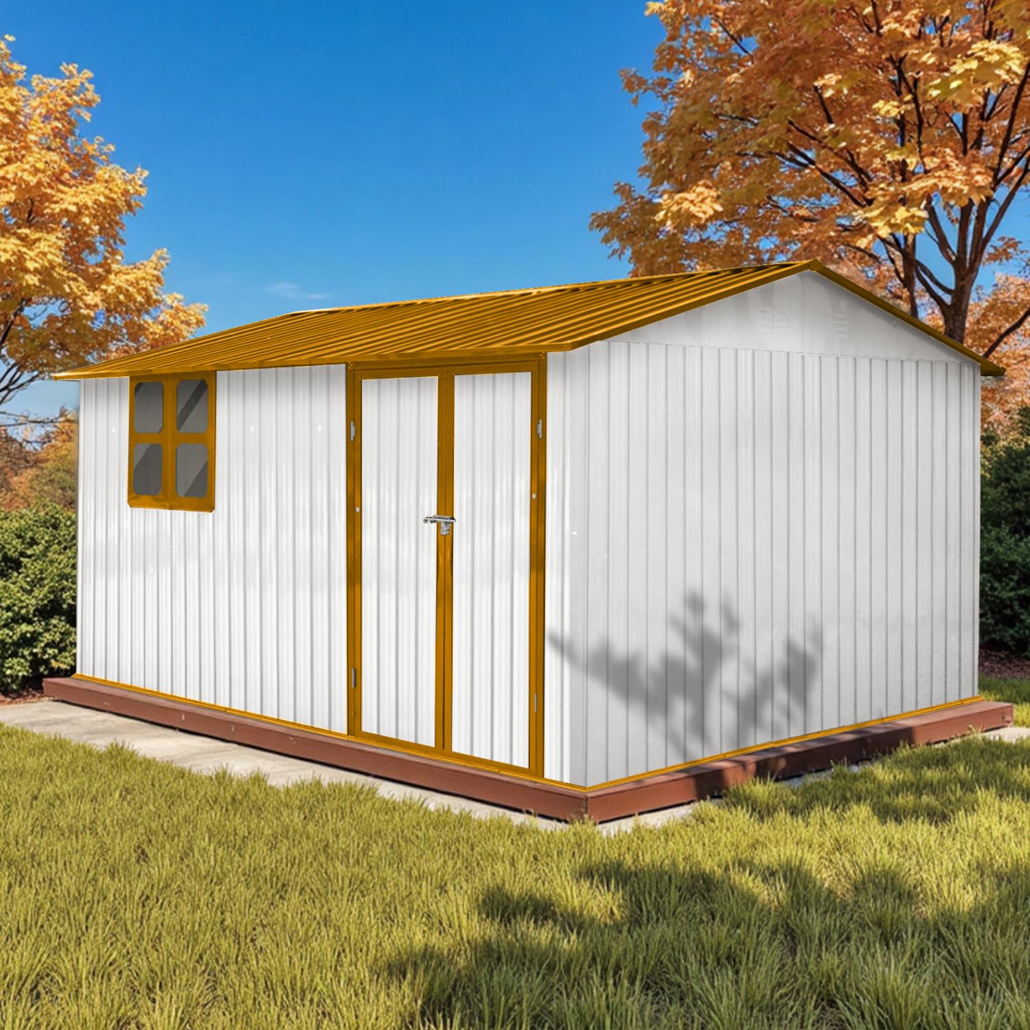 Photo 1 of ****MISSING CORNER PARTS*********SCRATCHES ***12' x 10' XL Outdoor Storage Shed, Sturdy Metal Building w/Windows & Lockable Doors for Garden, Backyard, Poolside and Lawn, Yellow