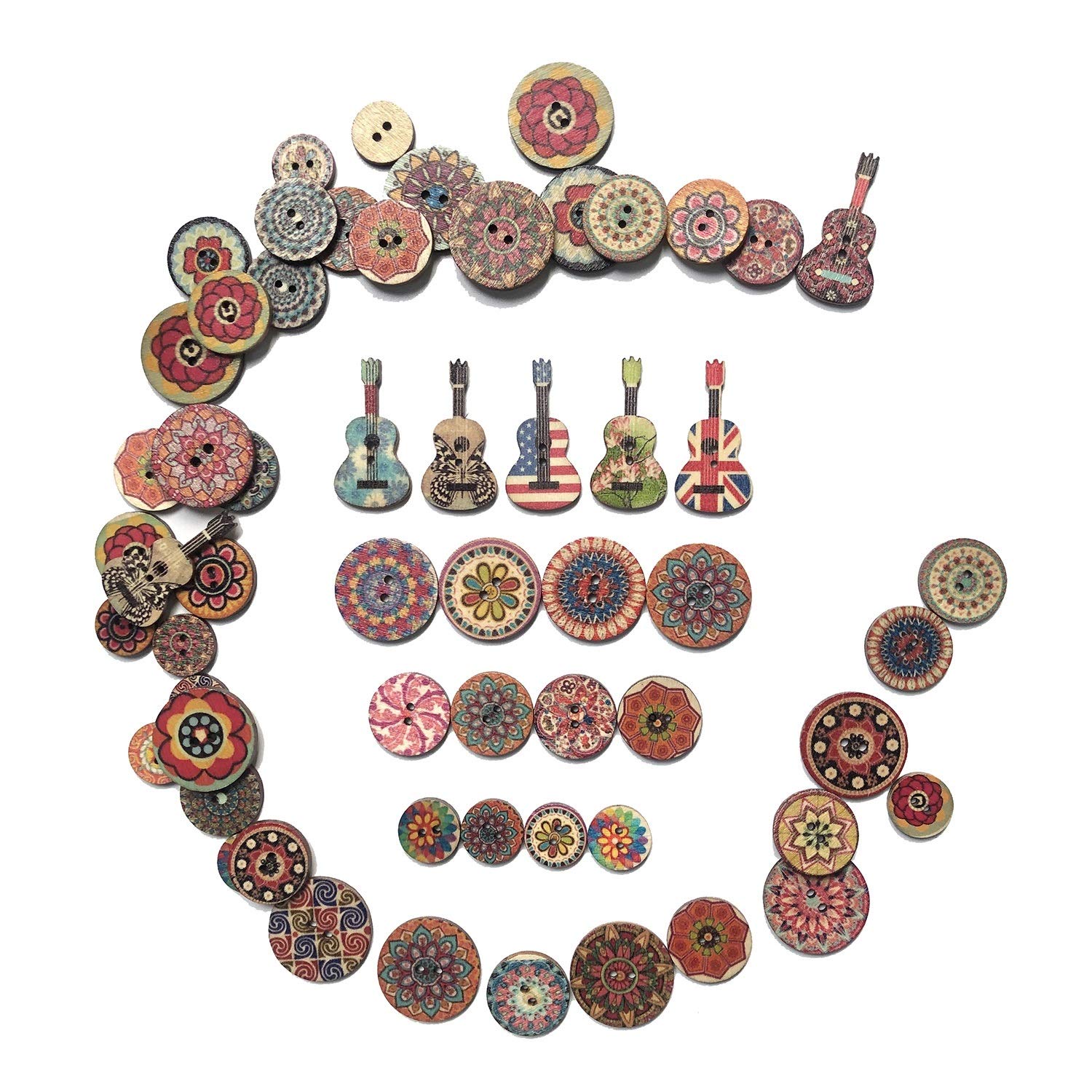 500 Pieces Wood Buttons, 2 Holes Round Flower and Guitar Wooden Buttons Vintage Buttons for DIY Sewing Craft Decorations, with 65.6 Feet Natural Jute Twine