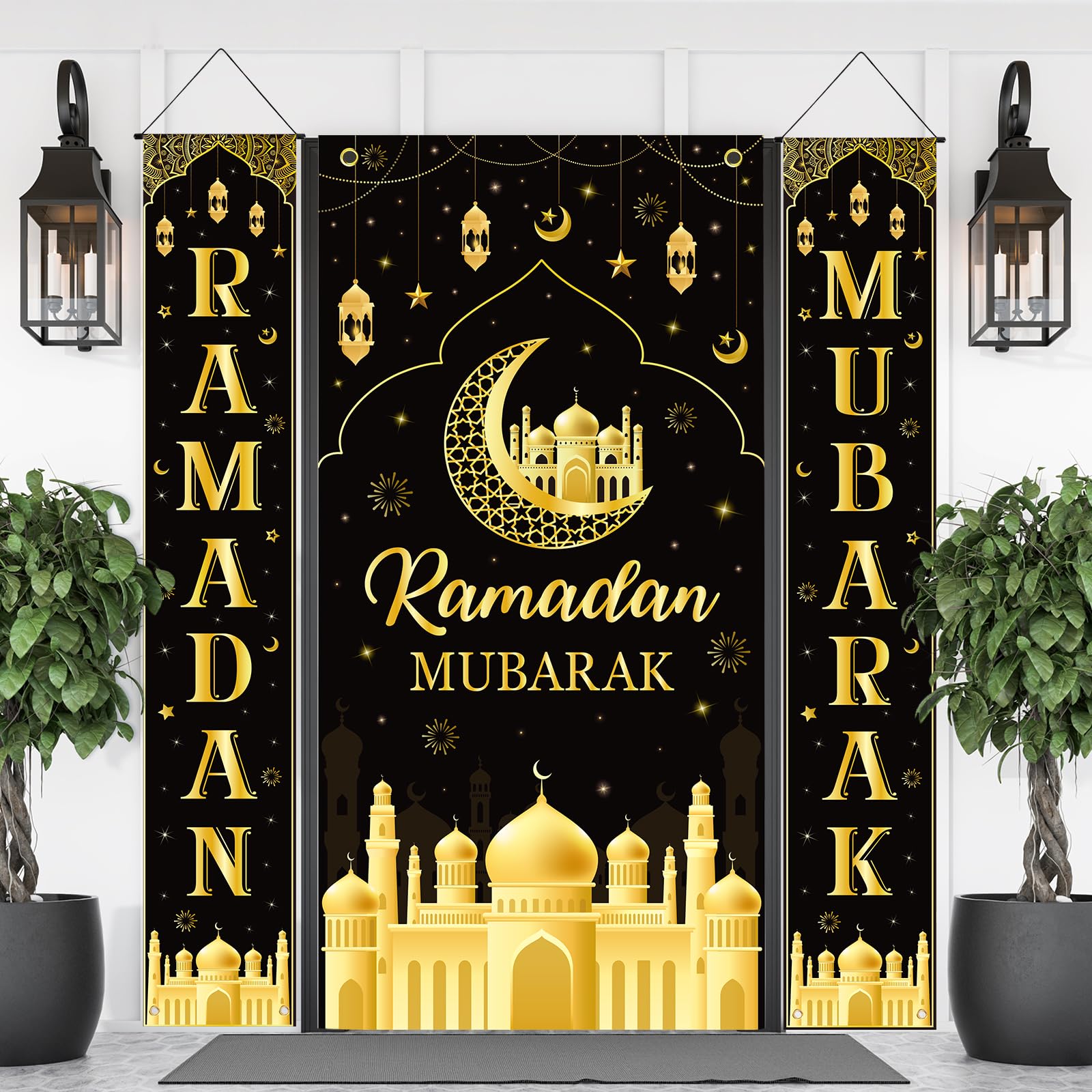 Photo 1 of 3 Pcs Ramadan Mubarak Banner Ramadan Decorations for Home Eid Mubarak Hanging Banner Door Cover Moon Mosque Lantern Porch Sign Backdrop Muslim Islamic Outdoor Indoor Party Photography Background