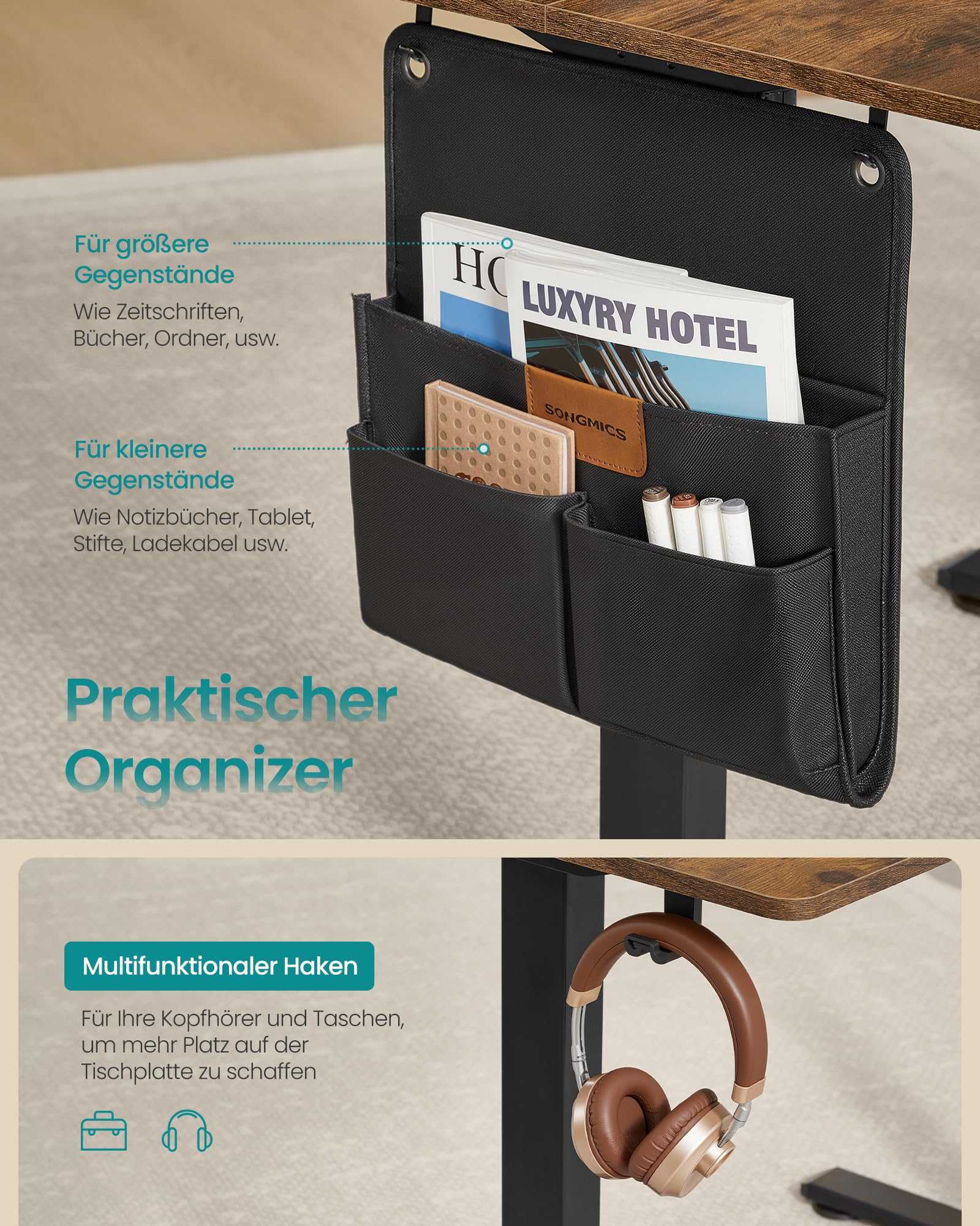 SONGMICS Höhenverstellbarer Schreibtisch elektrisch, 100 x 60 cm, Verstellbarer Tisch, Memory-Funktion für 4 Höhen, für Büro, vintagebraun LSD130KD01 5