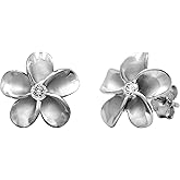 Honolulu Jewelry Company Sterling Silver Plumeria Flower Nature Stud CZ Earrings, 12mm