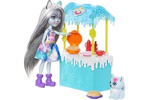 Enchantimals Mattel Warmin’ Up Cocoa Stand with Hawna Husky Small Doll (6-in) & Whipped Animal Figure, Make Waffles with Clay-Dough Play, Makes a Great Gift for 3-8 Year Olds