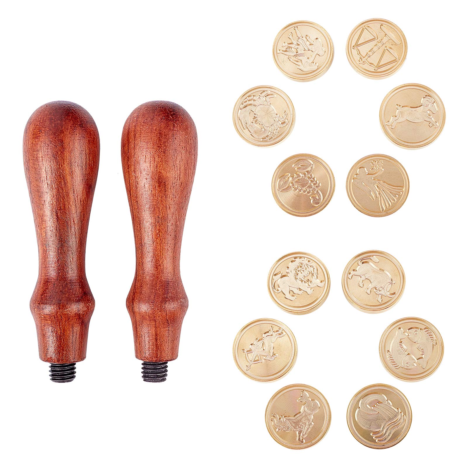 CRASPIRE 14 Pieces Wax Seal Stamp Kit, Twelve Constellations Sealing Wax Stamp Heads with 2 Wooden Handles Removable Brass Head Sealing Stamp for Invitation Cards Gift Package Decoration