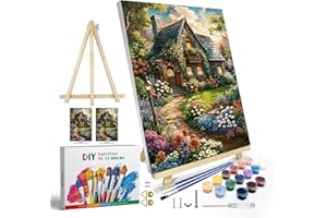 JOOZ Paint by Numbers Kit for Adults with Frame, Landscape Paint by Number Canvas, House Flowers Paint by Number with Easel, DIY Acrylic Paint by Number Kits Flowers for Home Wall Decor 8 x 12 Inch