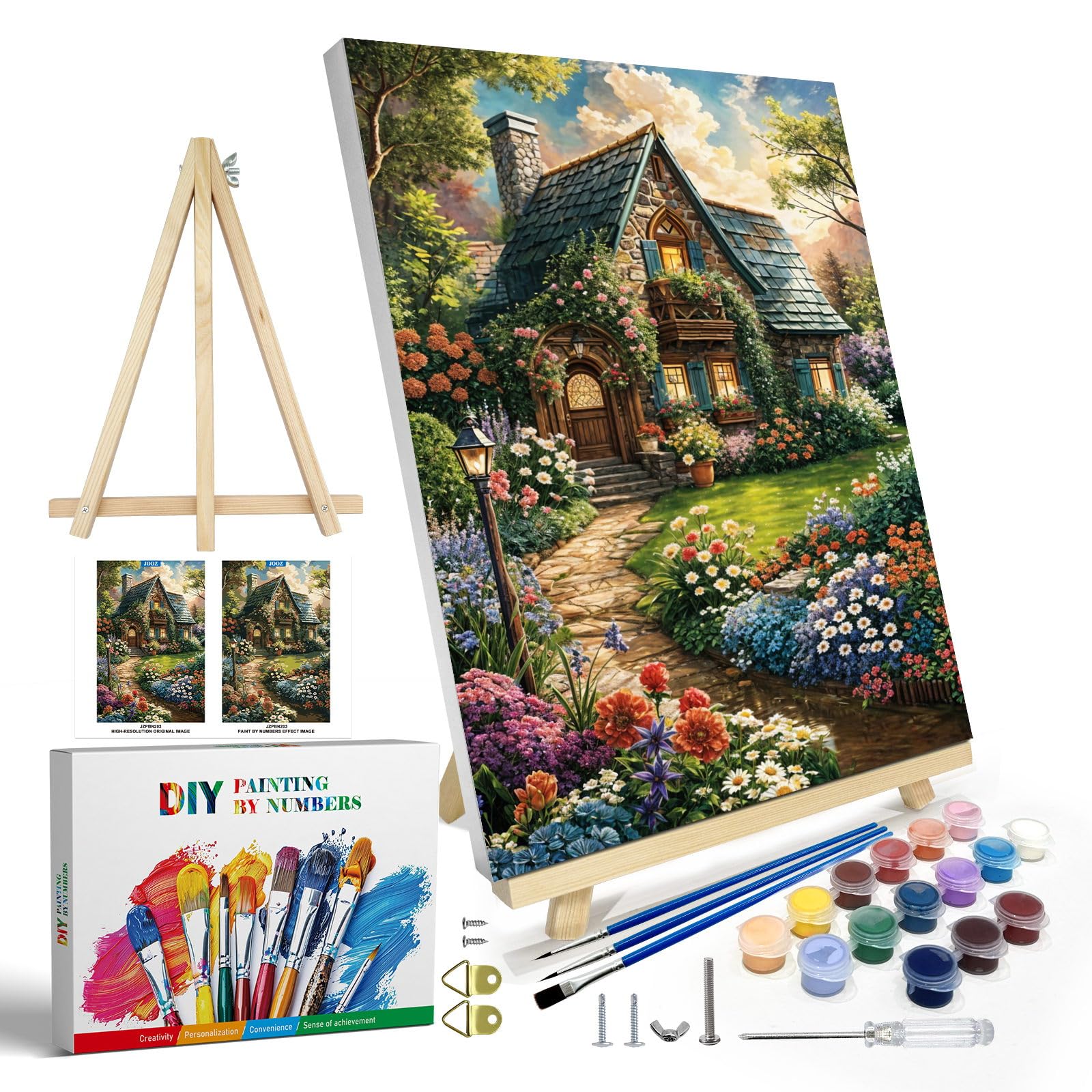 Photo 1 of JOOZ Paint by Numbers Kit for Adults with Frame, Landscape Paint by Number Canvas, House Flowers Paint by Number with Easel, DIY Acrylic Oil Painting Kit for Home Wall Decor 8 x 12 Inch