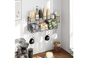 D-werack Coffee Bar Shelf Wall Mounted, Metal Tea Station Organizer with Hooks for Mug Storage, Coffee Bar Accessories and Co