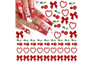 BELICEY 120Pcs Bow Nail Charms Red Acrylic Flatback Heart Nails Decoration Alloy Cherry Charms for Nails Gems and Rhinestones for Women Manicure DIY Nail Art Design Crafts