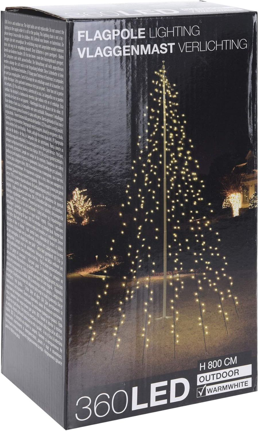 Lichterkette für Fahnenstangen bzw. Fahnenmast - 10 Stränge à 8 Meter mit 360 LED in warm weiß - Kabelfarbe schwarz, Lieferung inkl. Heringe und IP44 Netzteil