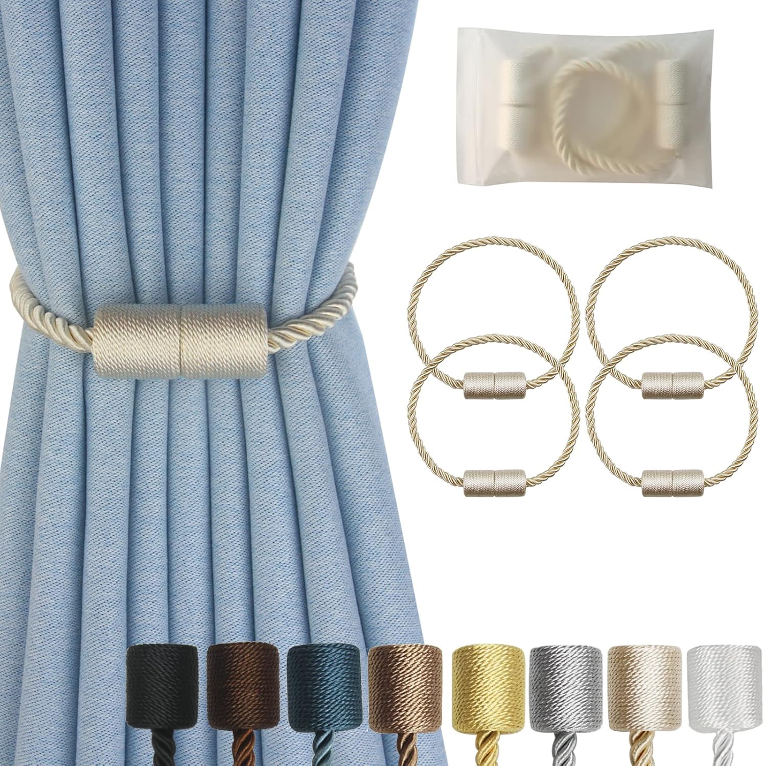 Window Treatment Hardware - Hangtty Magnetic Curtain Tiebacks 4 Pack Beige Curtain Rope Tieback Curtain Holders for Drapes Modern Tie Backs Decorative Curtain Holdbacks