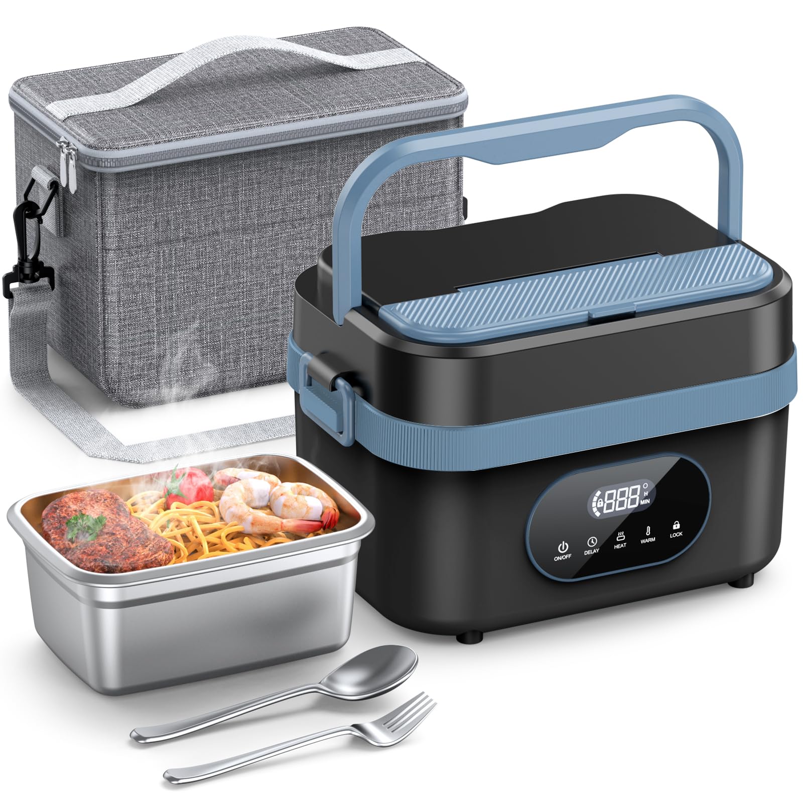 Photo 1 of SEVENMEET Cordless Electric Lunch Box for Adults, 18000mAh Rechargeable Portable Self-Heating Lunch Box Food Warmer, 1.5L(6 Cups) Container for Outdoor, Work, Office, Camping, Travel?Blcak?Blue?