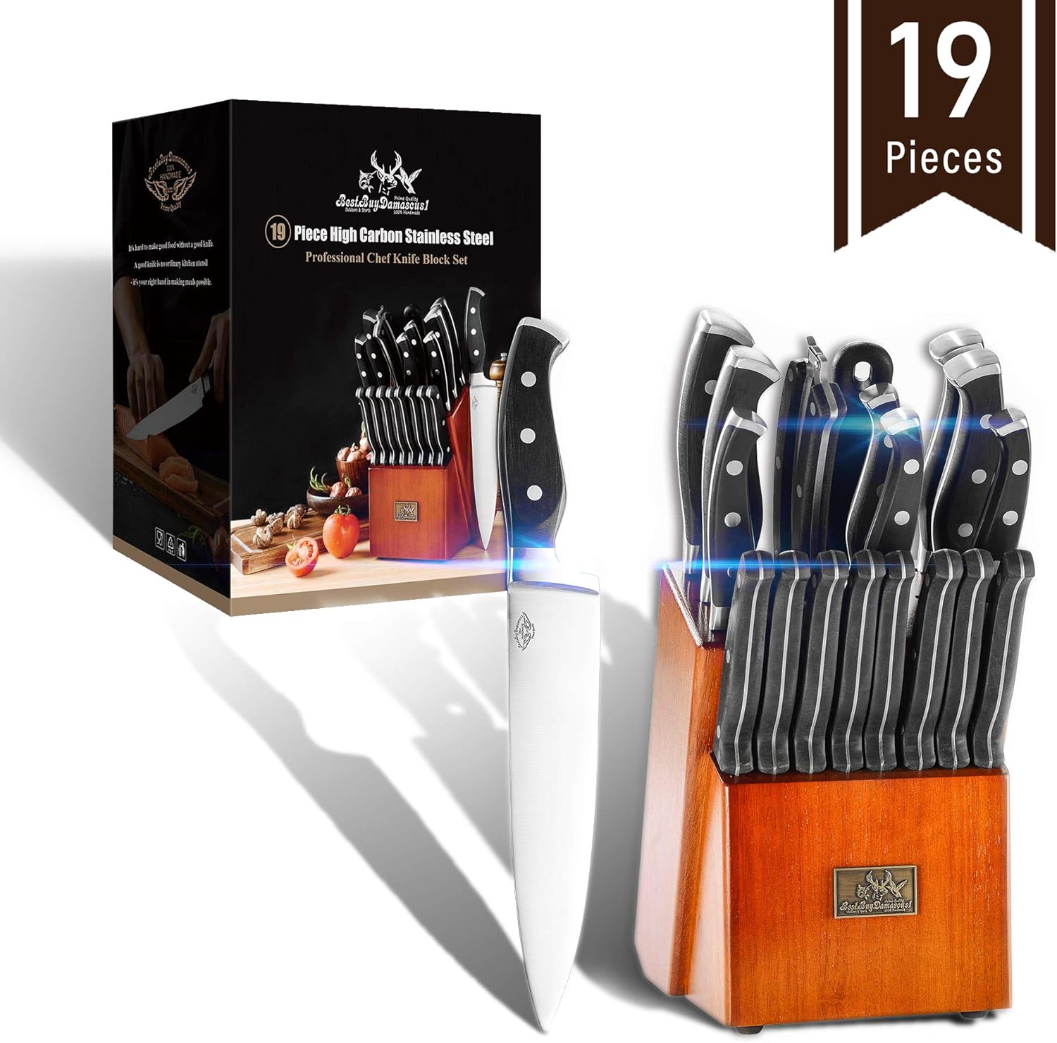 19 Pcs Premium Knife Block Set HC German Stainless Steel Cutlery Knives Block Set Chef Knife Set Home&Kitchen Knife Set Chef Professional Knife Block Sets Knife Sharpener & 8 Steak Knives set