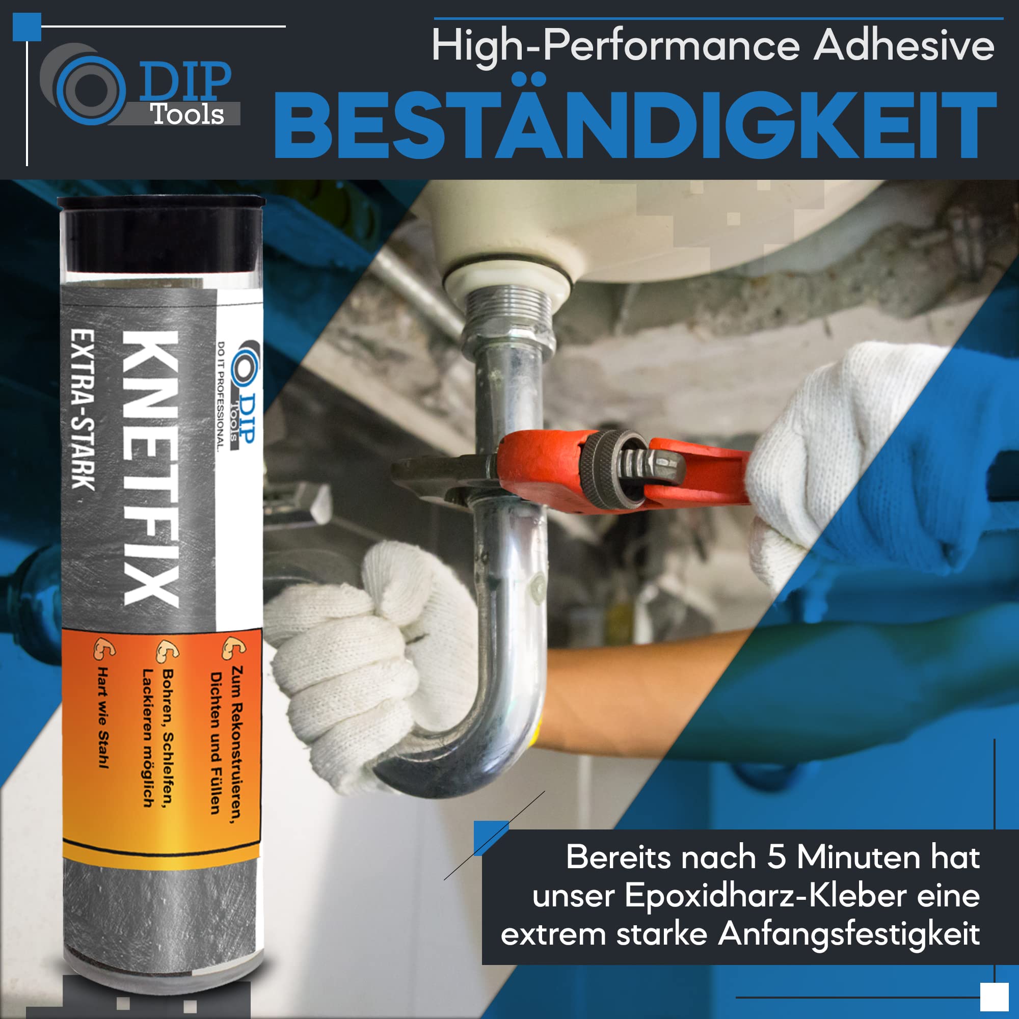 DIP-Tools Wasserdichte 2k Epoxidharz Knete - Epoxidharz mit Härter - 2 Komponenten Kleber - 2k Kleber - Powerknete, Reparaturknete (1x56g) 6