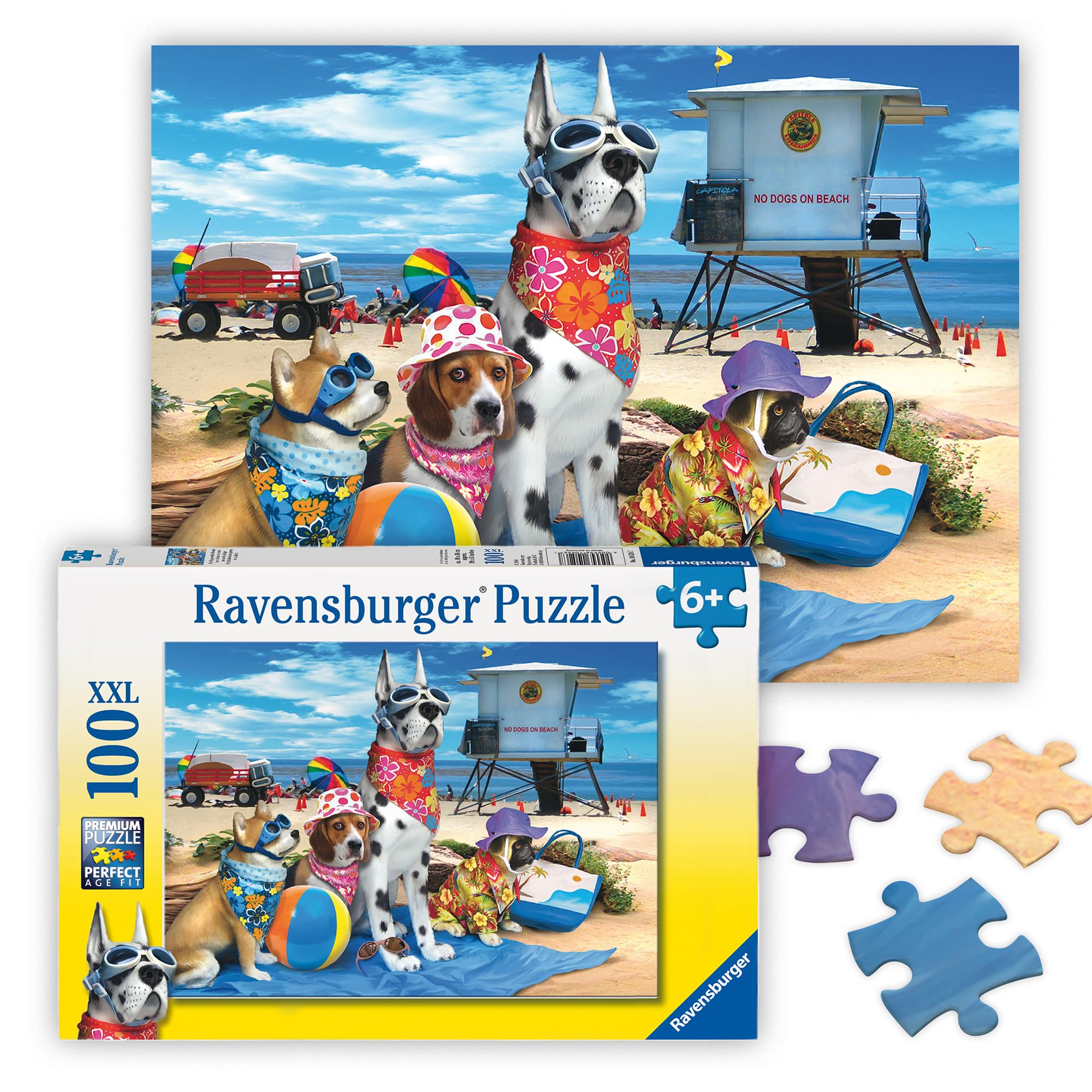 Ravensburger - No Dogs on The Beach - 100 Piece Jigsaw Puzzle - Hilarious Beach Scene of Dogs Dressed for Seaside - Bold Colors - Premium Quality - Ideal Gift - Screen-Free Fun - Children Age 6+