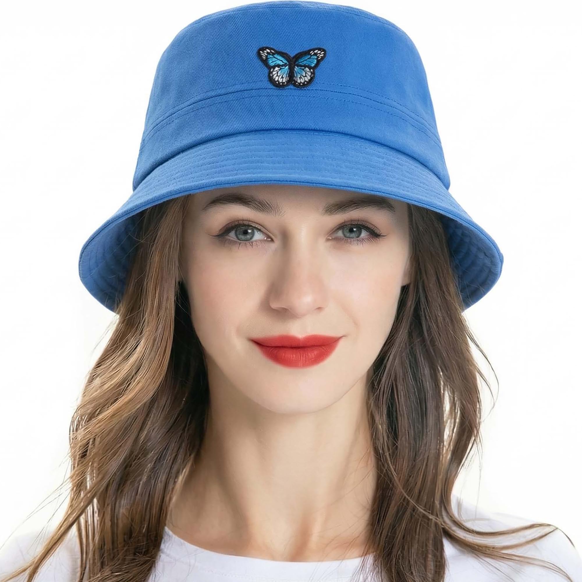 ZLYC Unisex Fashion Embroidered Bucket Hat Summer Short Brim for Men Women Teens(Butterfly Blue)