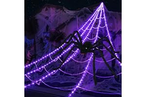 INST Spider Webs Halloween Decorations Outdoor 290 LED Halloween Spider Web Lights Decoration with 78.7" Large Spider & 3.53 oz Stretch Cobweb 23 Ft Giant Lighted Web with 8 Modes (Purple)