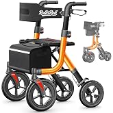 Walkers for Seniors, Rollator Walker with Seat, 10" Big Rubber Wheels All Terrain Rolling Walker, Lightweight Foldable Rollator Walker, Built-in Cable, Reinforced Aluminum Frame, Orange