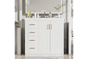 THINK 30 36 inch White Bathroom Vanity with Sink and Countertop,Solid Wood Frame Bathroom Cabinet with Sink,Modern Sink Storage Cabinet with 3 Drawers & Soft Closing Doors,Gold Handles(Left Side Drawes)