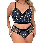 SecWpnConfy Womens Plus Size 2 Piece Lingerie Set Floral Sexy Mesh Sheer V Neck 3/4 Cup Lace Outfits