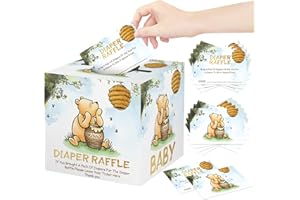 GUAWUBIANG 50Pcs Winnie Diaper Raffle Tickets with Box, Diaper Raffle Box Set for Baby Shower, the Pooh Baby Shower Invitations Diaper Raffle Cards, Winnie Baby Shower Decorations, Party Supplies Card Box，