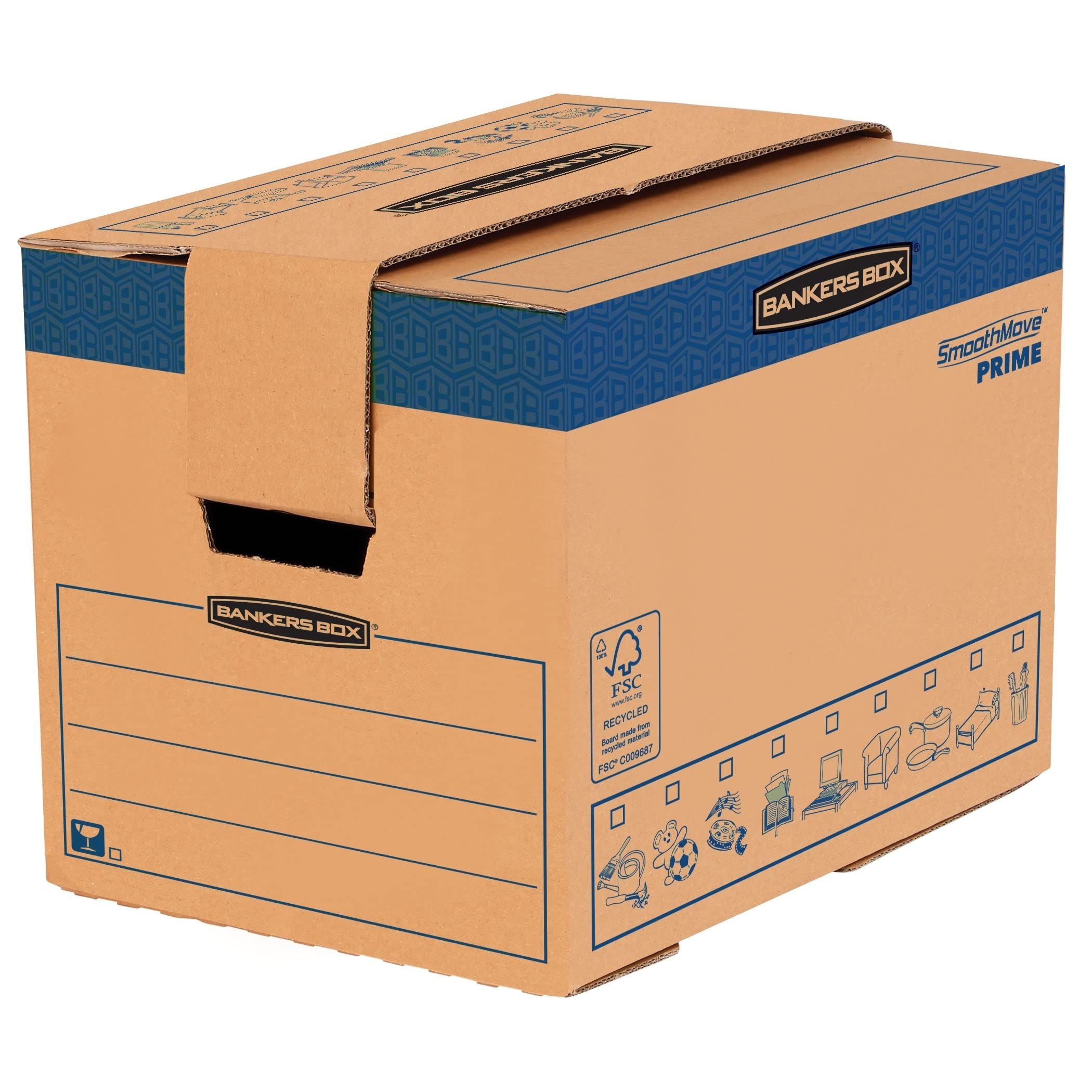 5 BANKERS BOX Large Strong Moving Cartons, 37.5L FastFold Storage, SmoothMove Heavy Duty Double Wall Cardboard with Handles, 40.5 × 30 × 30 cm (5 Pack), Brown