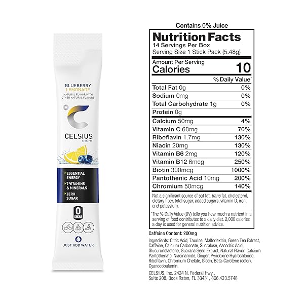 CELSIUS ON THE GO BLUEBERRY LEMONADE, SUGAR FREE ENERGY DRINK MIX (14 STICKS PER PACK)