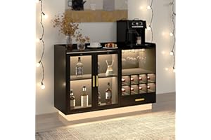 COCO DESIGN Modern Wine Bar Cabinet with LED Light & Locked Glass Door, Floating Coffee Bar with Power Outlets & Glass Rack, Black Buffet Sideboard with Removable Wine Rack and Drawer for Living Room