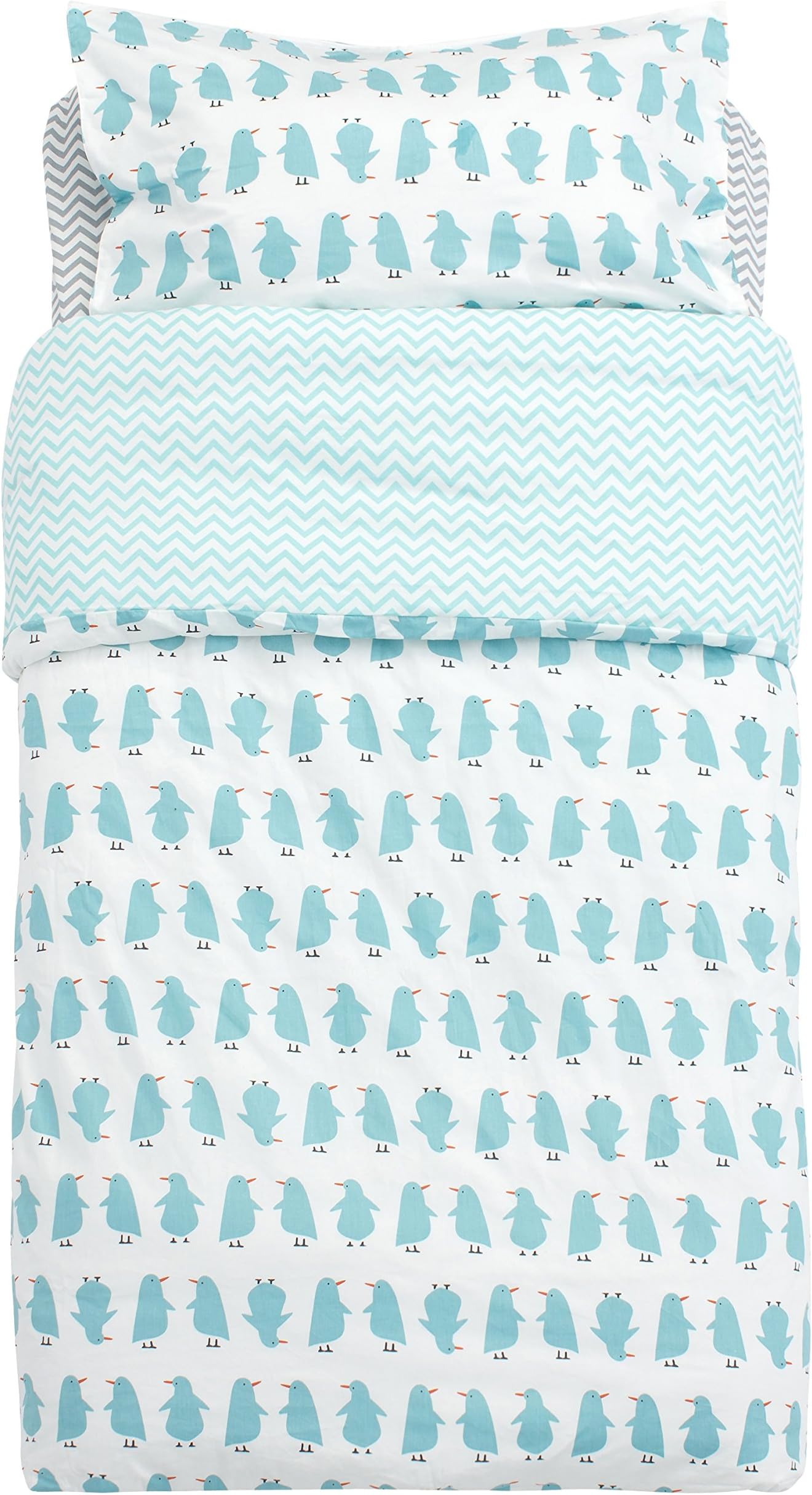 Kiddy Bird 100% Cotton Toddler Bedding Set of 3 Penguins Blue Cute Refreshing Fitted Sheet + Comforter Cover + Pillow Case Environmental Cozy and Durable - Top Quality for Girls and Boys